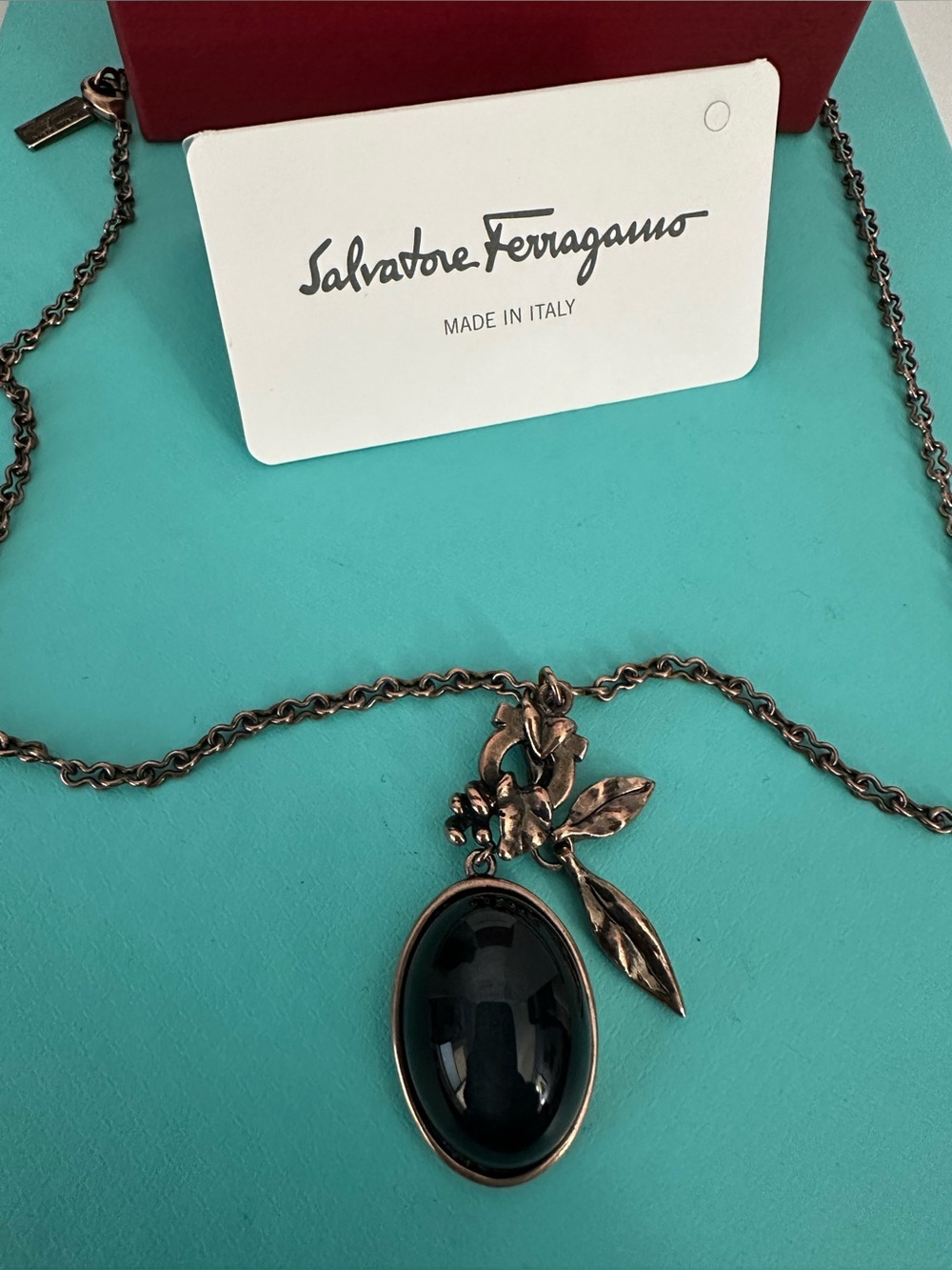 SALVATORE FERRAGAMO Black Onyx Rustic Bronze Pendant Necklace Authentic Italy